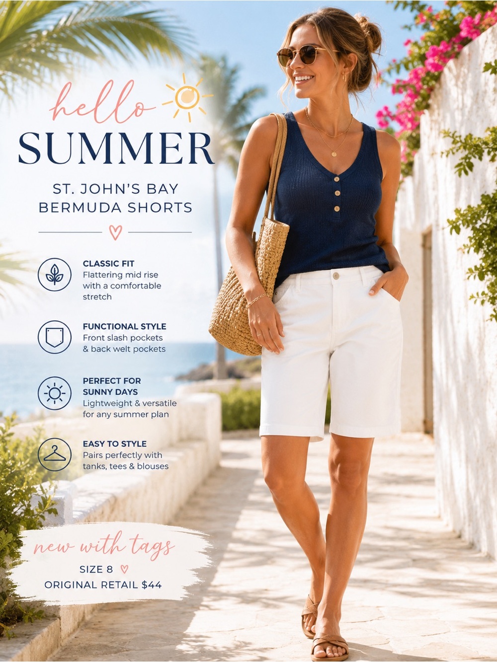 NWT St. John’s Bay Bermuda Shorts White Size 8 Classic Stretch Mid Rise
